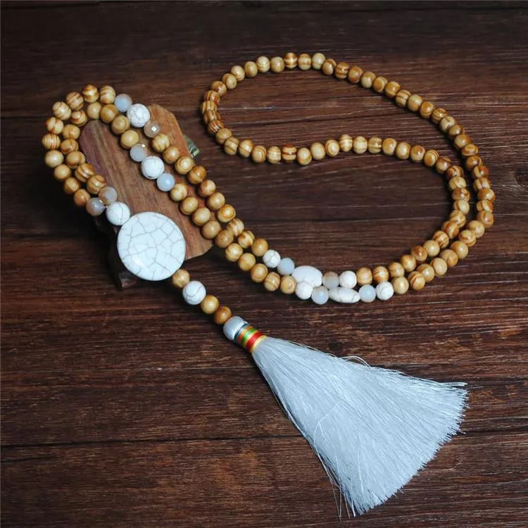 Women's White Thread Ethnic Style Handmade Wooden Beads Necklace - Round Shape with White Tassel