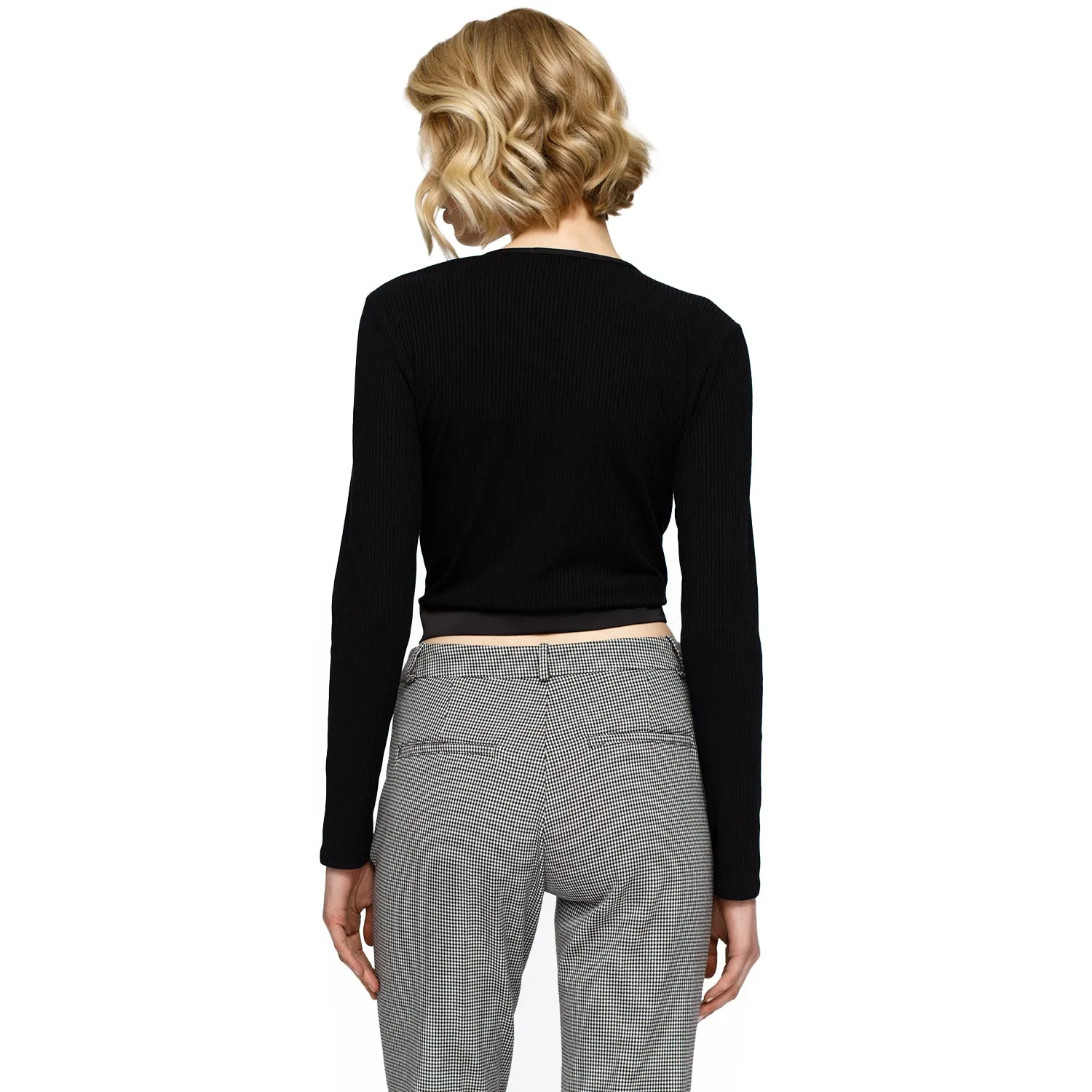 Women's Wrap Front Tie Ribbed Crop Knit Top In Black