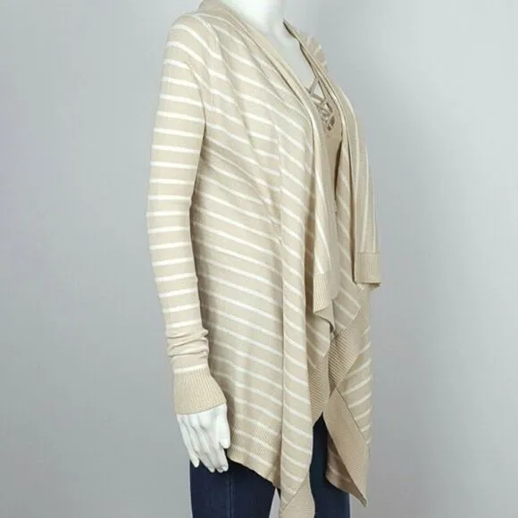 Women's Cream/White Striped Waterfall Open Cardiga
