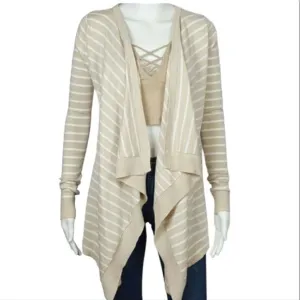 Women's Cream/White Striped Waterfall Open Cardiga