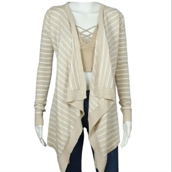 Women's Cream/White Striped Waterfall Open Cardiga