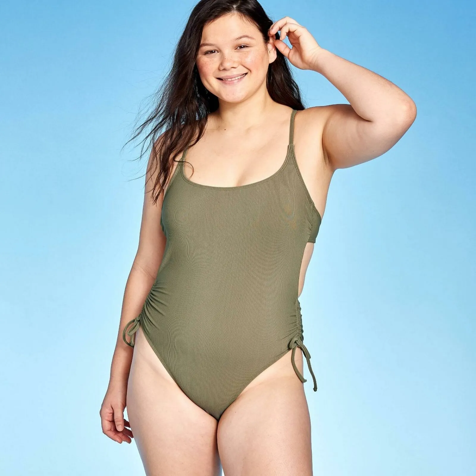 Xhilaration Women's Cinch Side Ribbed Texture One Piece Swimsuit
