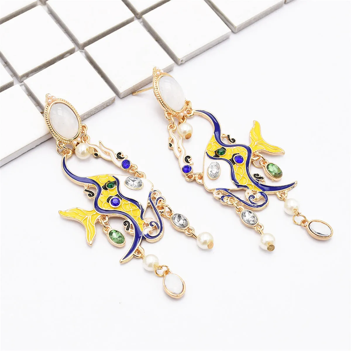 Yellow & Blue Enamel 18K Gold-Plated Fish Drop Earrings