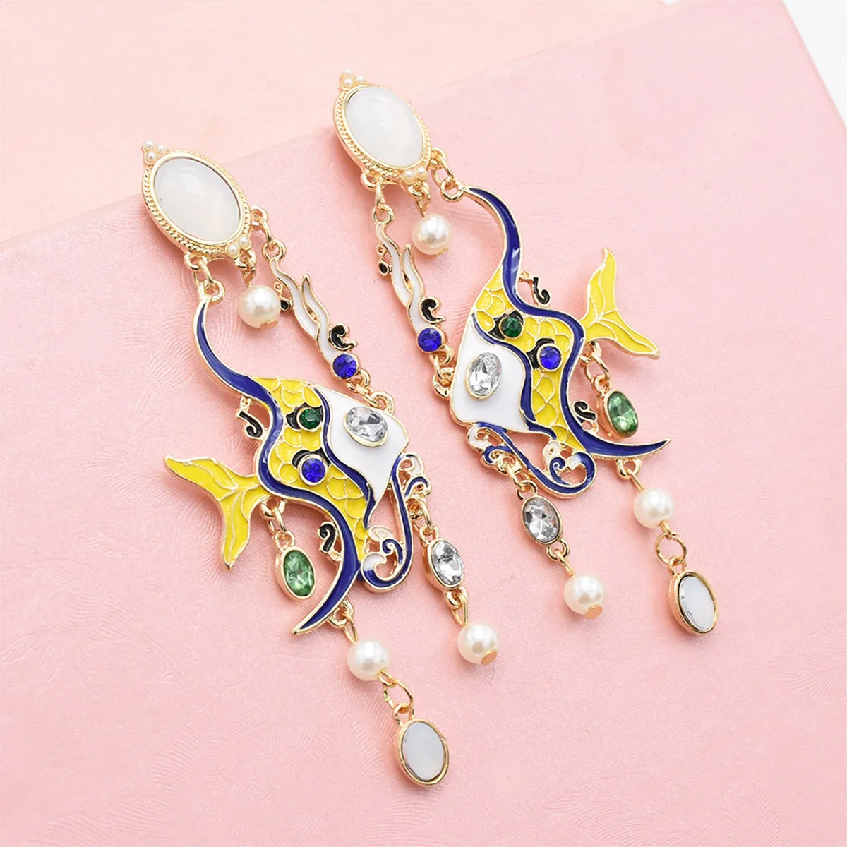 Yellow & Blue Enamel 18K Gold-Plated Fish Drop Earrings