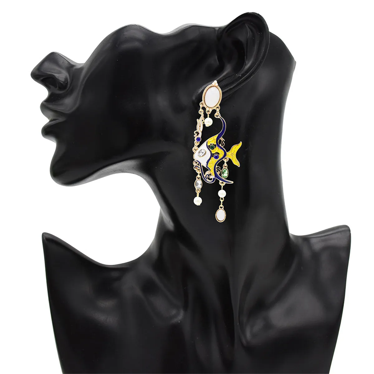 Yellow & Blue Enamel 18K Gold-Plated Fish Drop Earrings