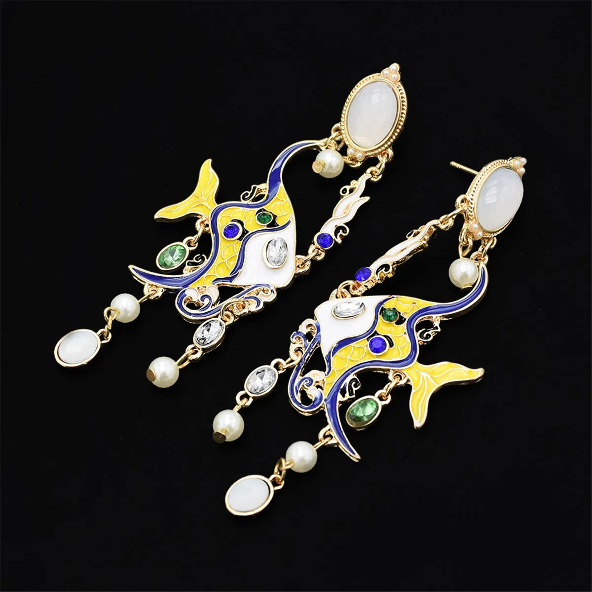 Yellow & Blue Enamel 18K Gold-Plated Fish Drop Earrings