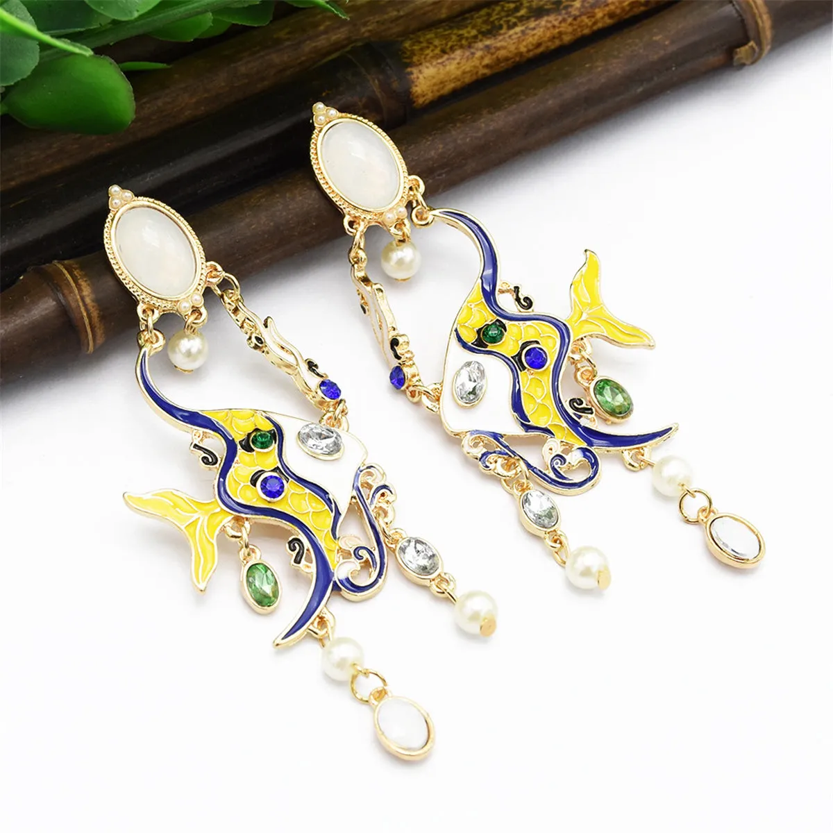Yellow & Blue Enamel 18K Gold-Plated Fish Drop Earrings