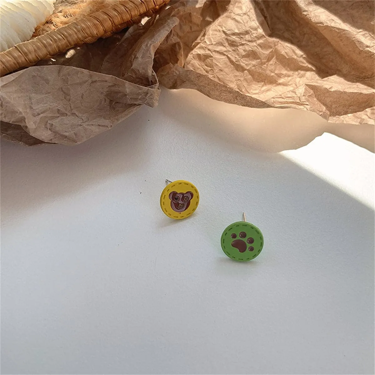Yellow & Green Enamel Silver-Plated Bear Paw Round Stud Earrings