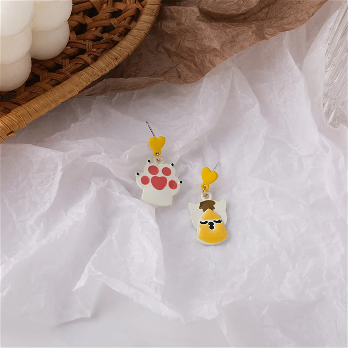 Yellow & White Cat & Paw Drop Earrings