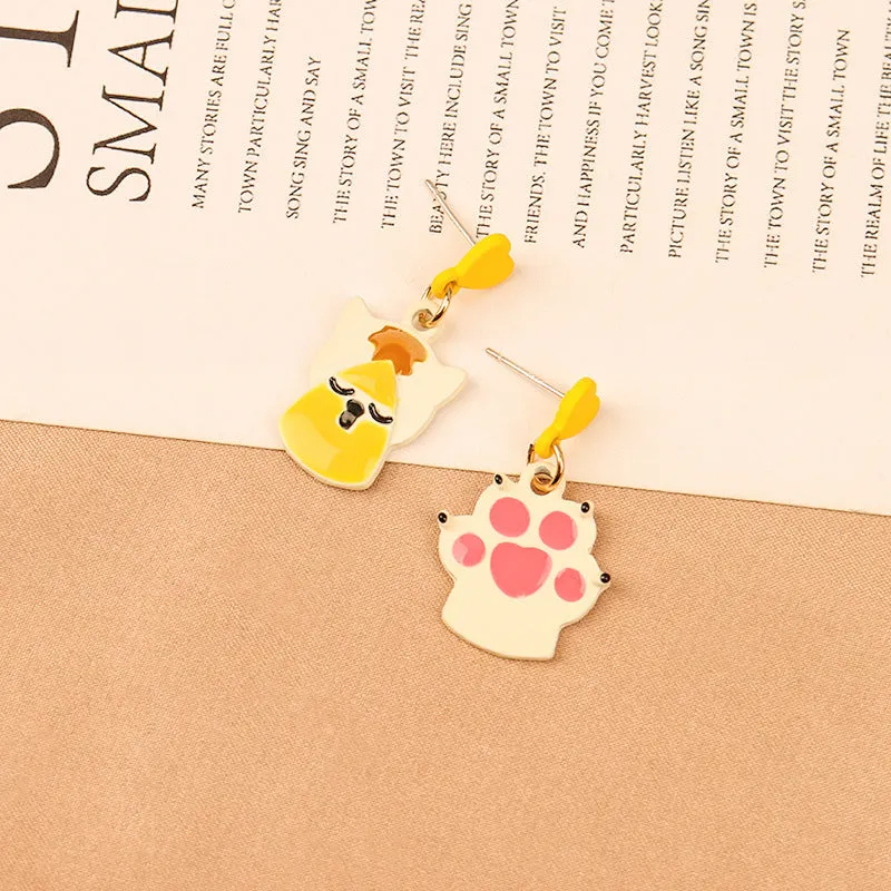 Yellow & White Cat & Paw Drop Earrings