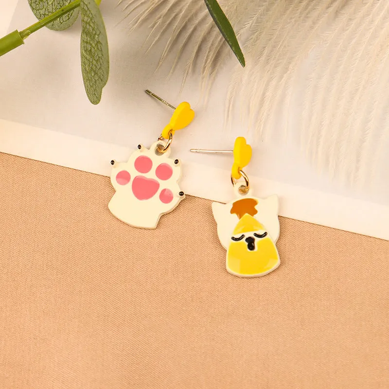 Yellow & White Cat & Paw Drop Earrings