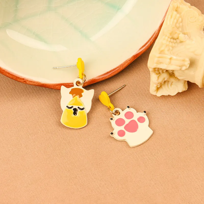 Yellow & White Cat & Paw Drop Earrings