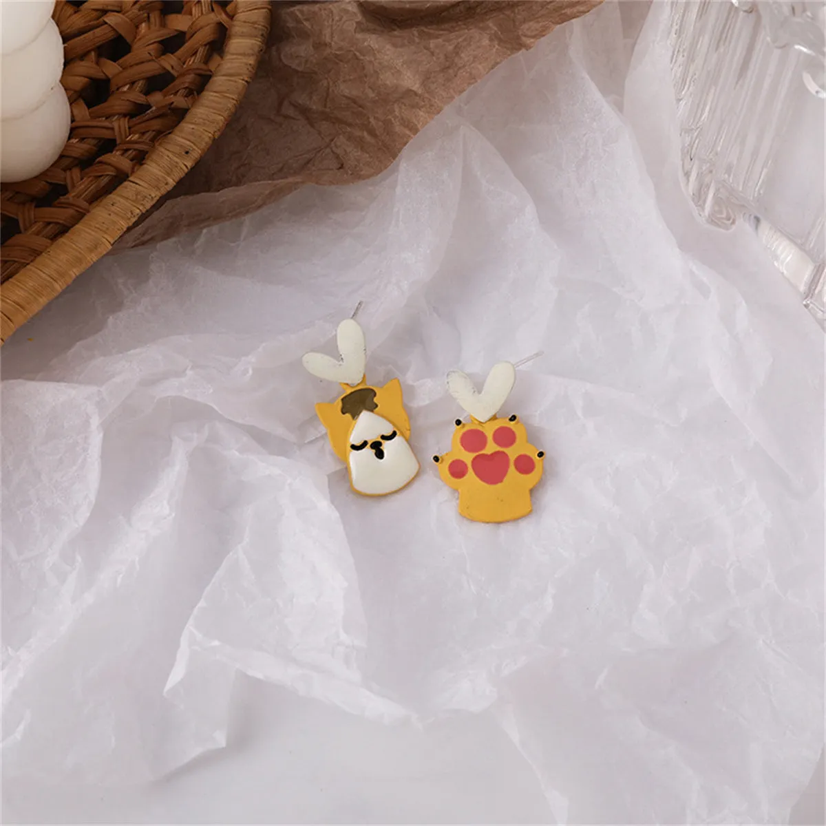 Yellow Enamel & Silver-Plated Cat Paw Dangle Earring