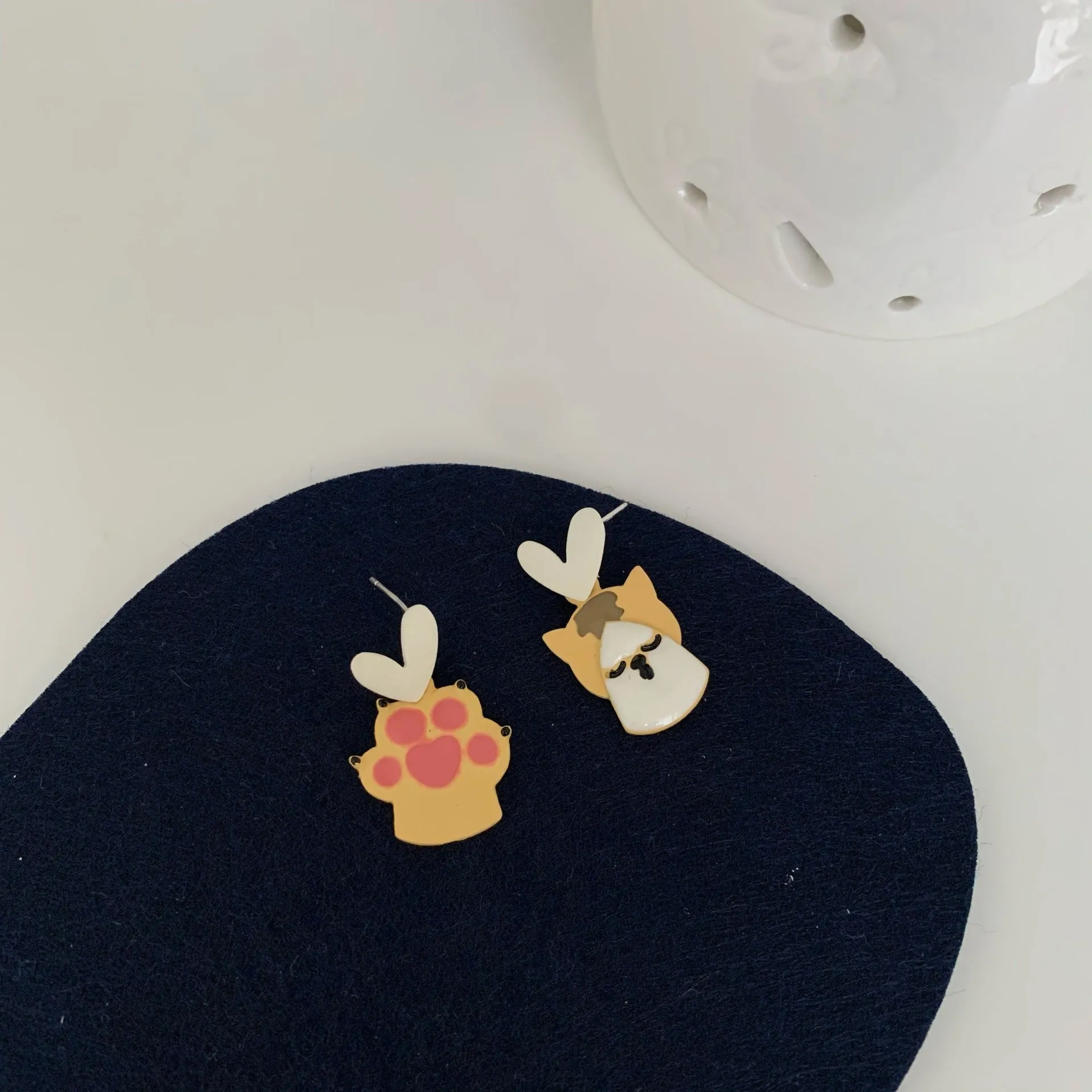 Yellow Enamel & Silver-Plated Cat Paw Dangle Earring