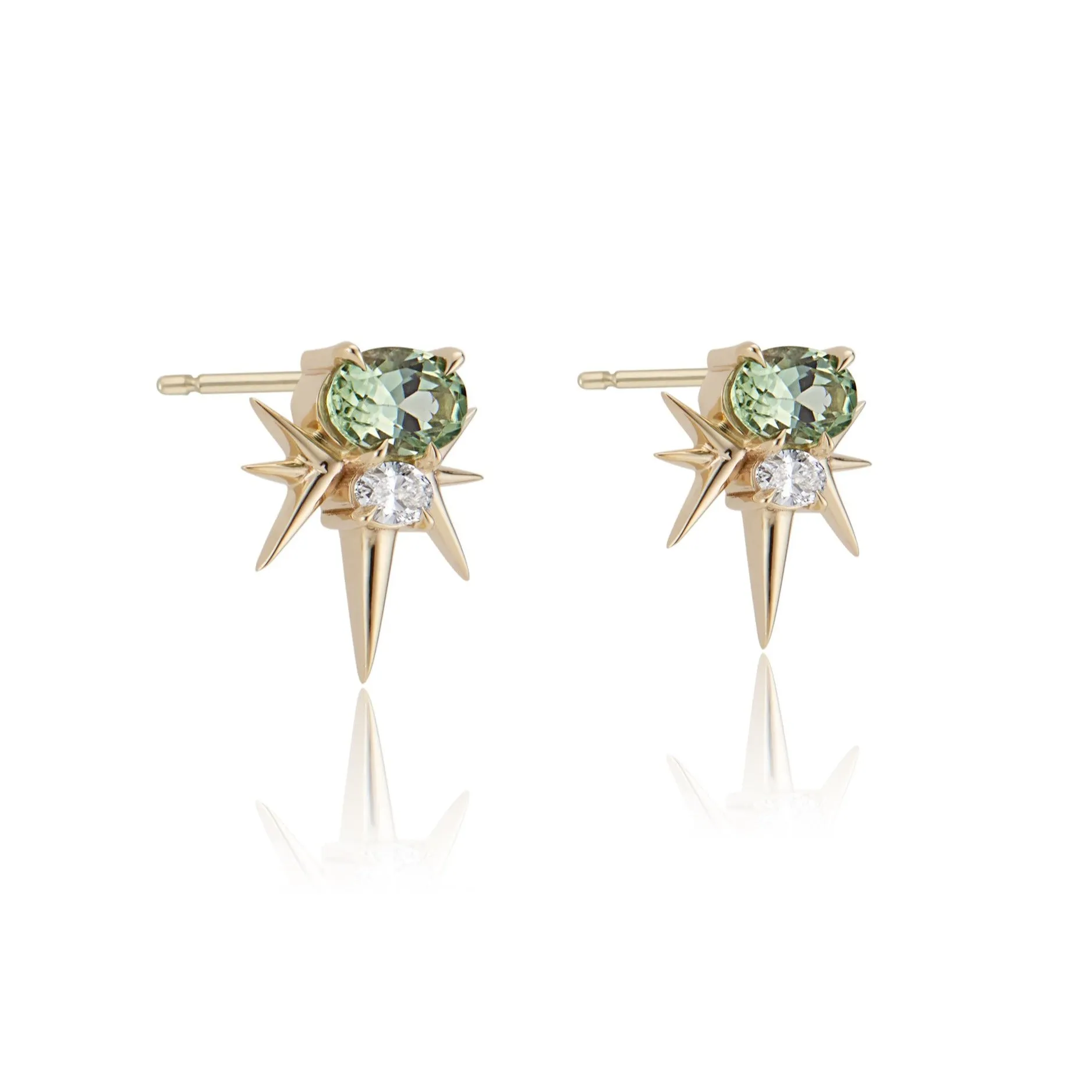 Yellow Gold Green Tourmaline And Diamond Spike Stud Earrings