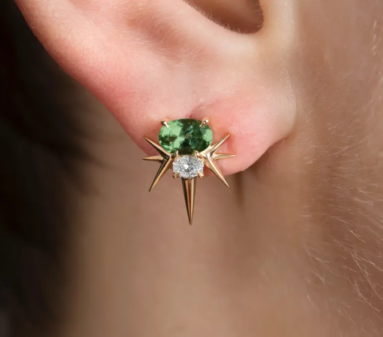 Yellow Gold Green Tourmaline And Diamond Spike Stud Earrings