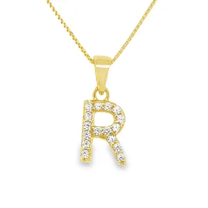 Yellow Gold Plated Sterling Silver CZ Letter R Pendant