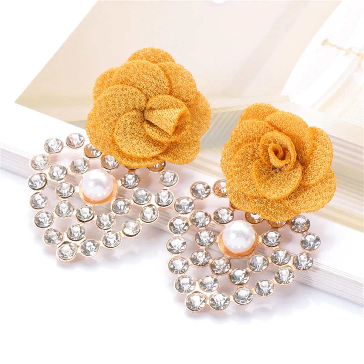 Yellow Lace & Cubic Zirconia Flower Drop Earrings