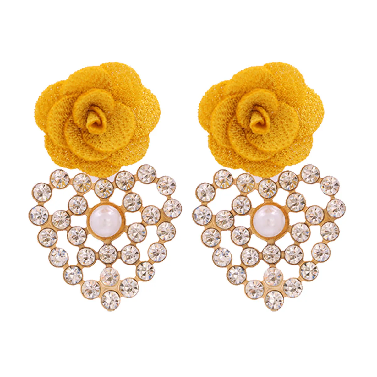 Yellow Lace & Cubic Zirconia Flower Drop Earrings