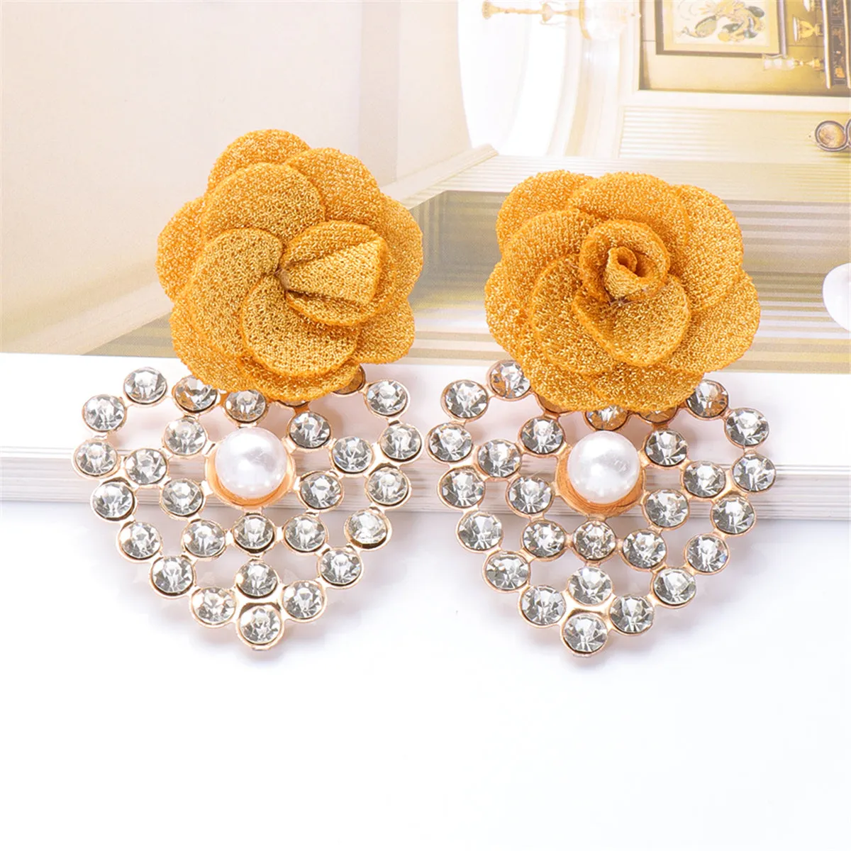 Yellow Lace & Cubic Zirconia Flower Drop Earrings