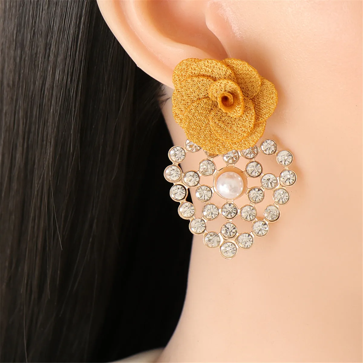 Yellow Lace & Cubic Zirconia Flower Drop Earrings