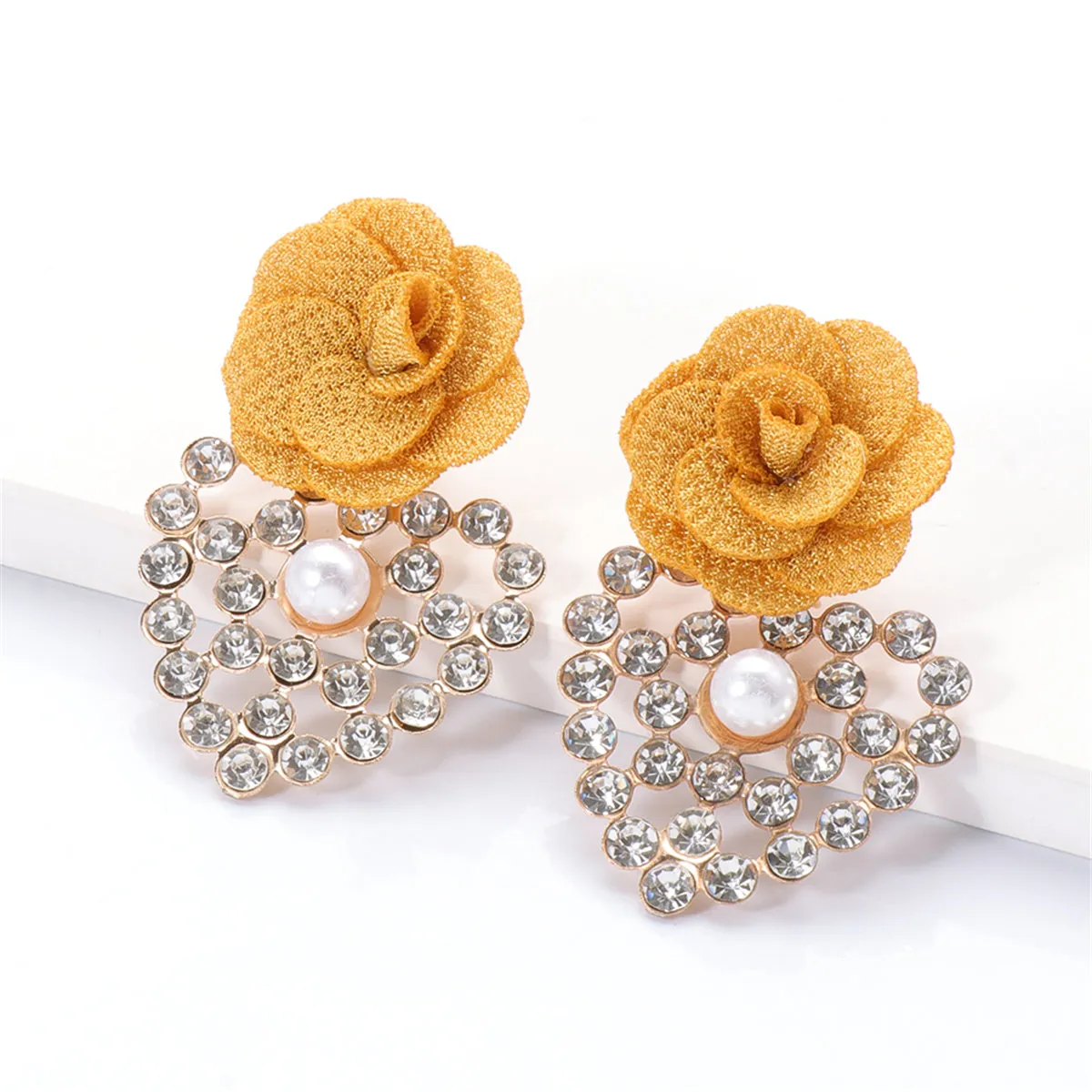 Yellow Lace & Cubic Zirconia Flower Drop Earrings