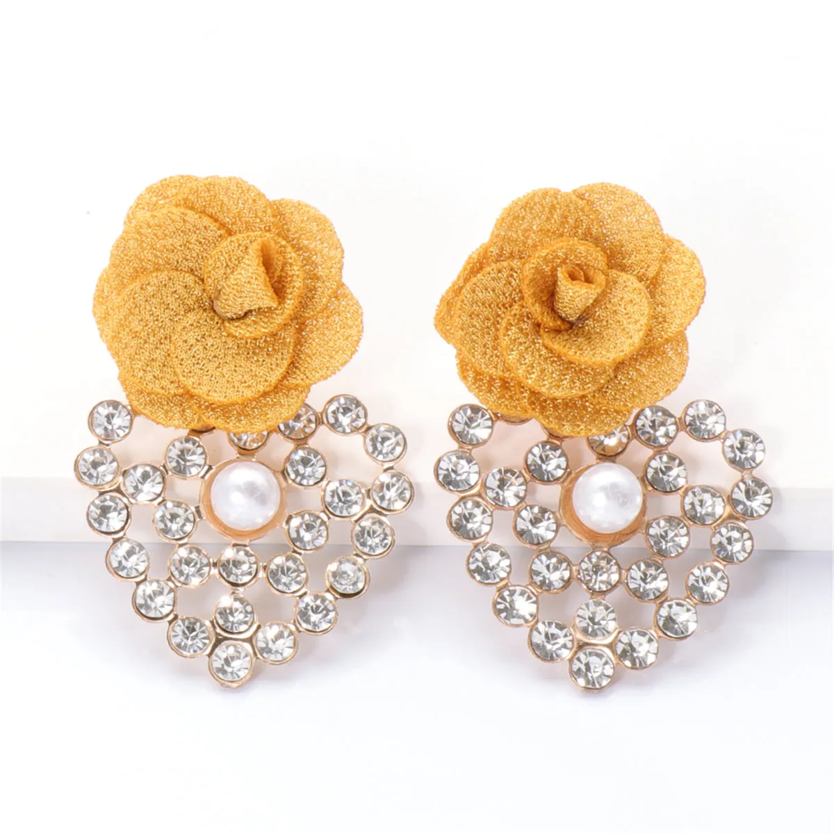 Yellow Lace & Cubic Zirconia Flower Drop Earrings