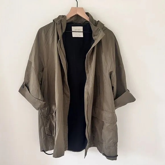 Zara Basics Women’s Hooded Khaki Green Utility 3/4 Sleeve Coat / Jacket …