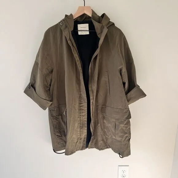 Zara Basics Women’s Hooded Khaki Green Utility 3/4 Sleeve Coat / Jacket …