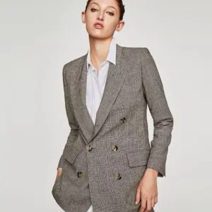 Zara Blazer Brown Micro Plaid Double Breasted - Small