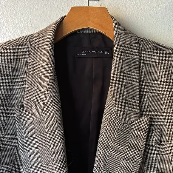 Zara Blazer Brown Micro Plaid Double Breasted - Small