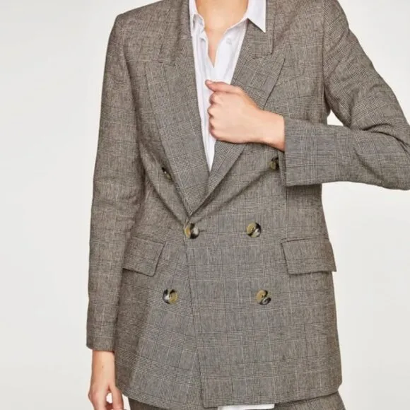 Zara Blazer Brown Micro Plaid Double Breasted - Small