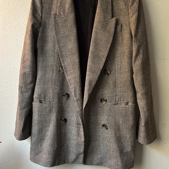 Zara Blazer Brown Micro Plaid Double Breasted - Small