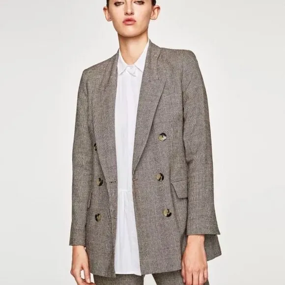 Zara Blazer Brown Micro Plaid Double Breasted - Small