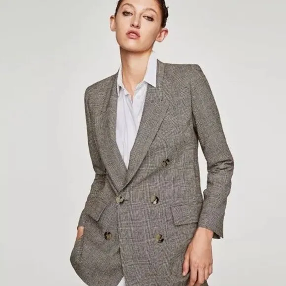 Zara Blazer Brown Micro Plaid Double Breasted - Small