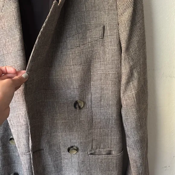 Zara Blazer Brown Micro Plaid Double Breasted - Small